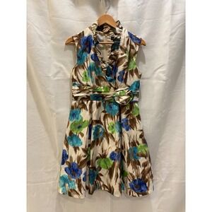 Jessica Howard Floral Ruffle V-Neck Fit Flare Dress Blue Green Brown Petite 8P